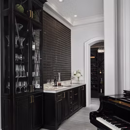 The Saratoga Bar uses maple wood with a dover finish. Cabinets crafted in Michigan since 1958.